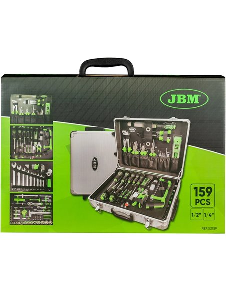 Caja de herramientas de 159 piezas vasos hexagonales JBM 53159 maletín de aluminio Caja de herramientas de 159 piezas vasos hexagonales JBM 53159 maletín de aluminio