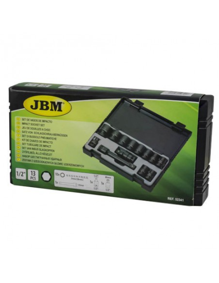 JBM 52341 Set de vasos de impacto de 13 piezas de 1/2" hexagonal + adaptador