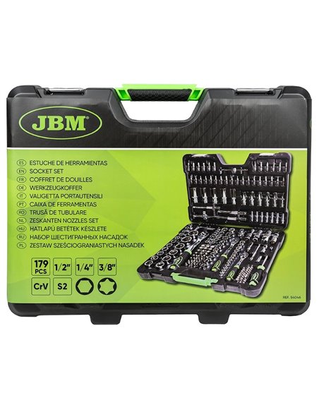 Caja de herramientas 179 piezas vasos hexagonales cromados JBM 54046 Caja de herramientas 179 piezas vasos hexagonales cromados JBM 54046