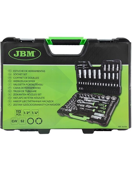 Caja de herramientas 113 piezas vasos de 12 caras JBM 54036