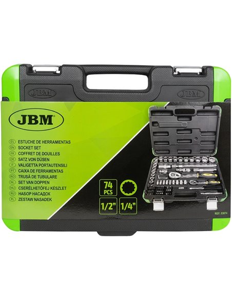 Caja de herramientas 74 piezas vasos 12 caras cromados JBM 53074