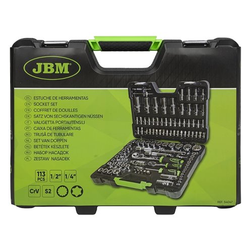 Caja de herramientas 113 piezas vasos cromados de 12 caras JBM 54047